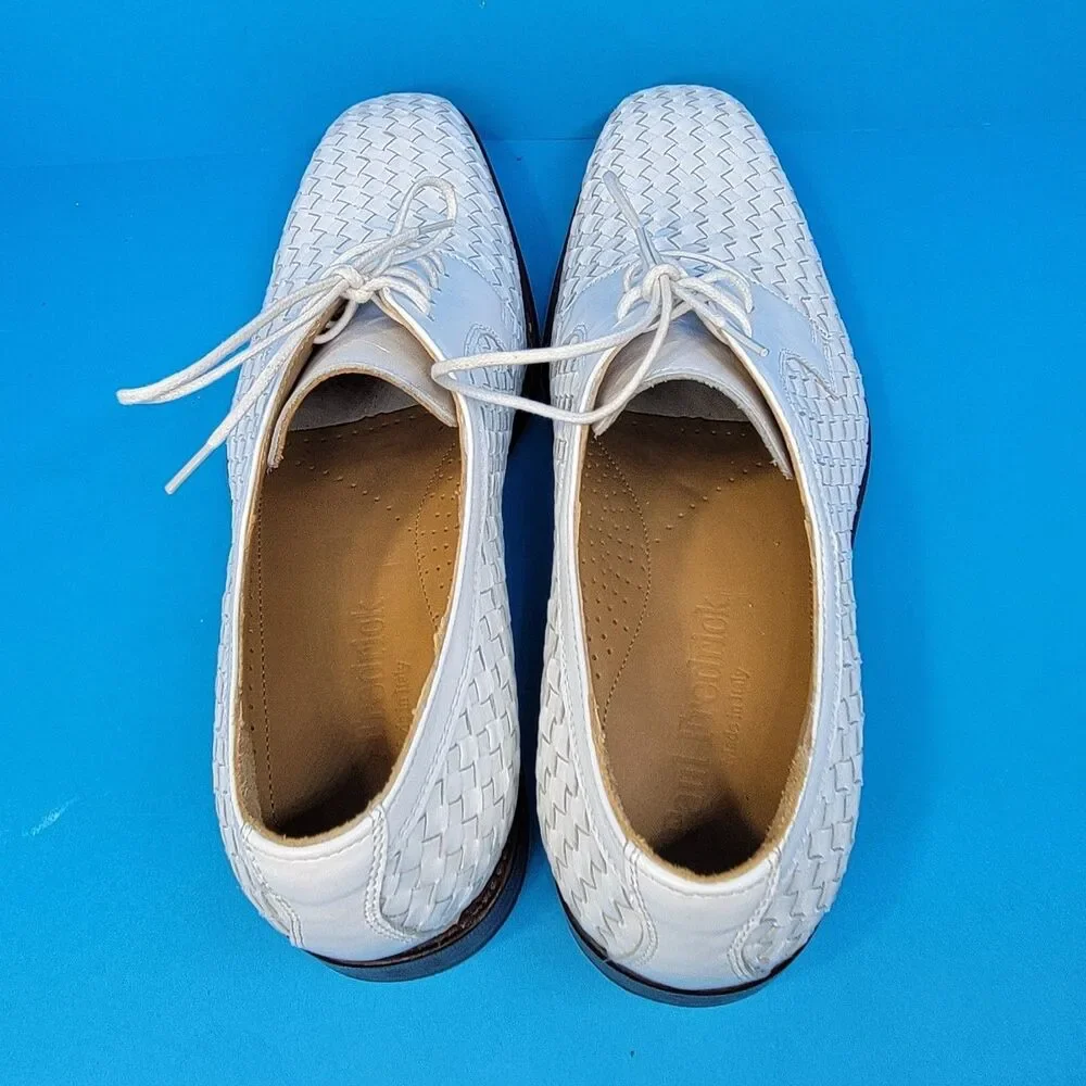 Paul Fredrick FPK 115D Mens White Leather Woven Derbys US 10 M Made In Italy EUC